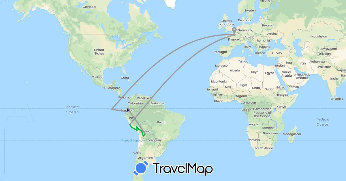 TravelMap itinerary: driving, bus, plane in Bolivia, Ecuador, France, Peru (Europe, South America)